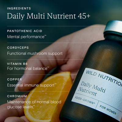 Hand holding Wild Nutrition Daily Multi Nutrient supplement bottle with ingredients liste