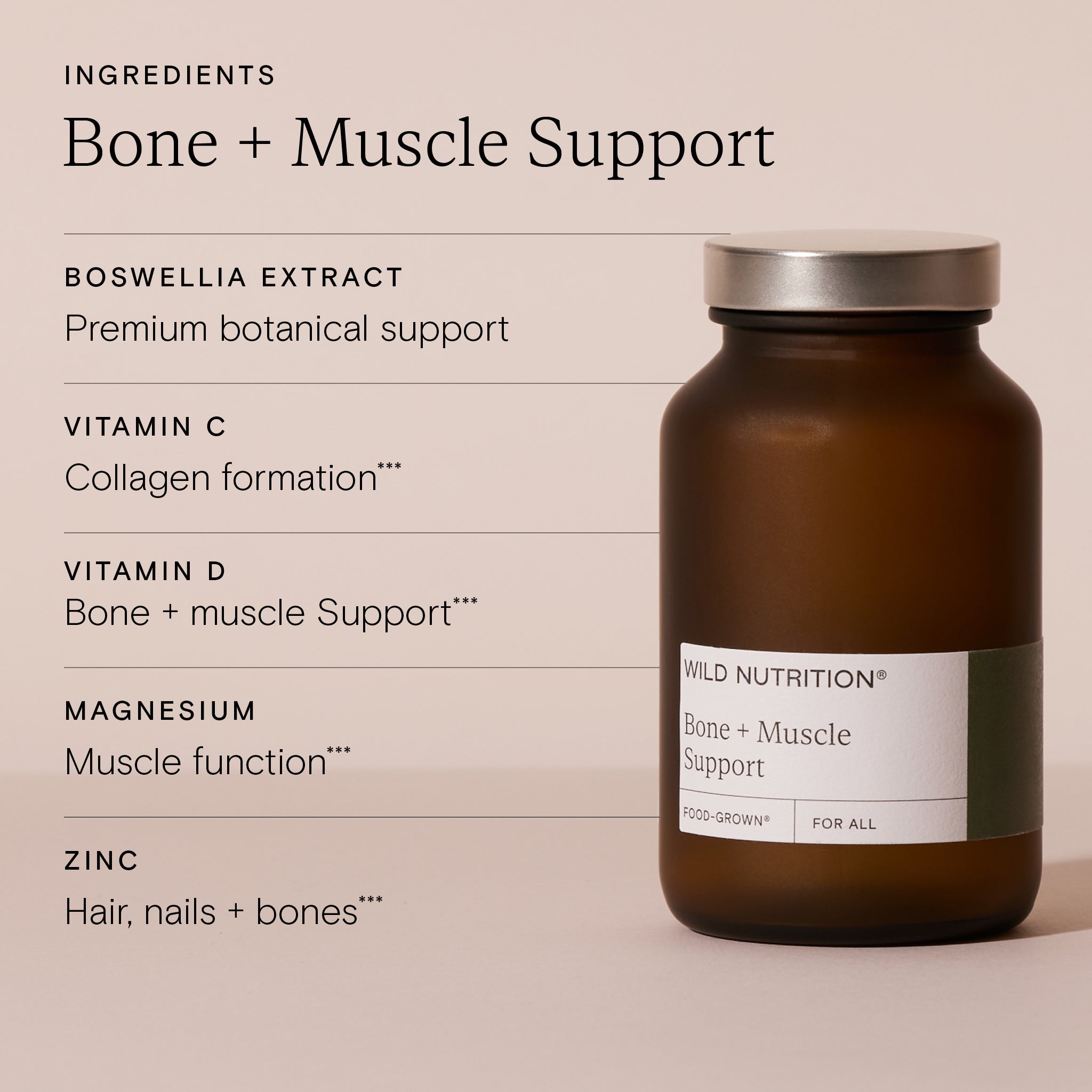 Wild Nutrition Food-Grown Bone + Muscle Support supplement bottle with ingredients on beige background