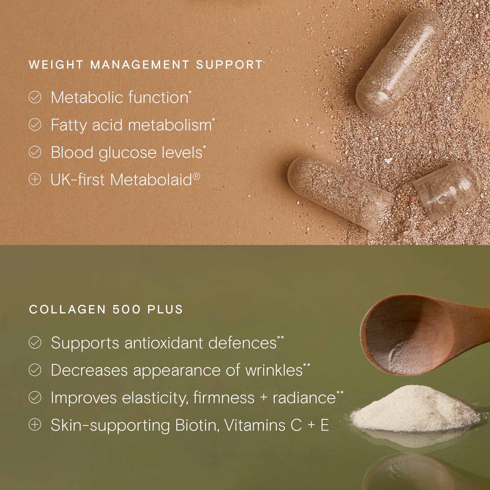 Product packaging with capsules and powder, highlighting weight management support and collagen benefits.