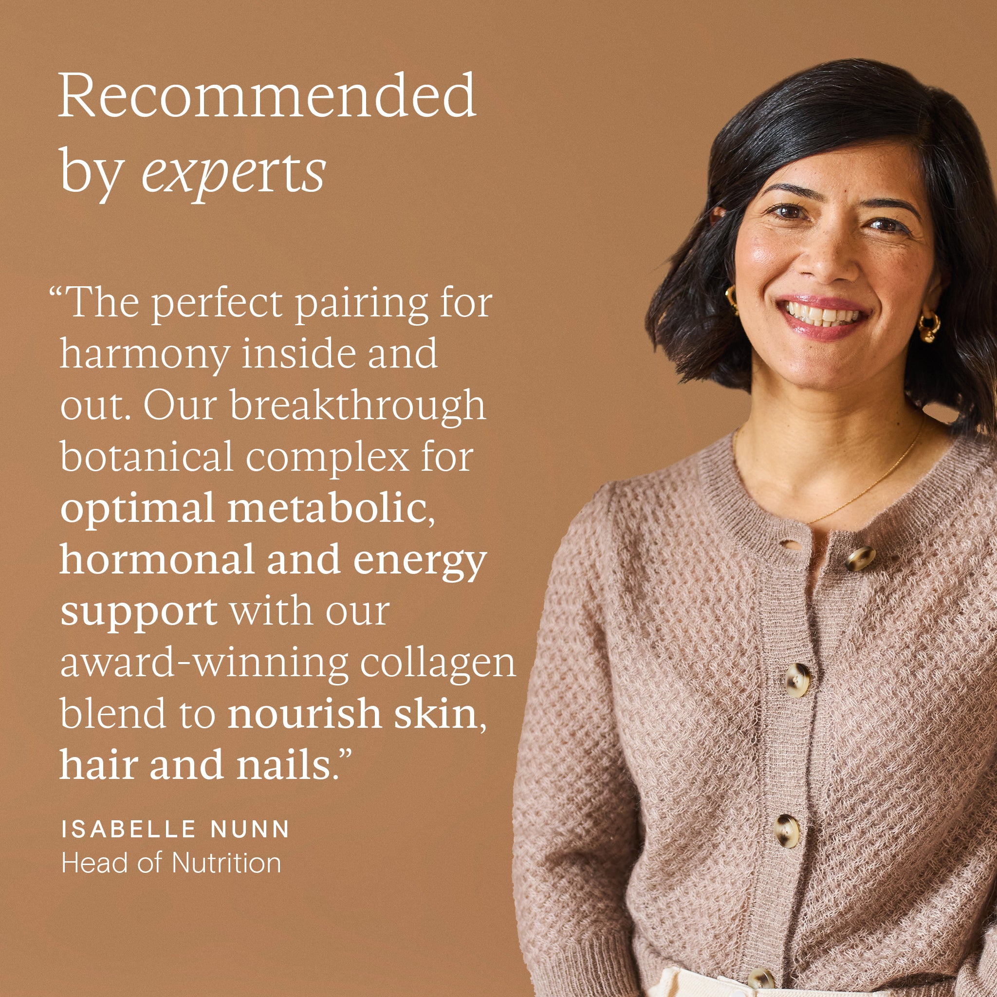 Woman in a brown sweater with text about a product's benefits on a brown background
