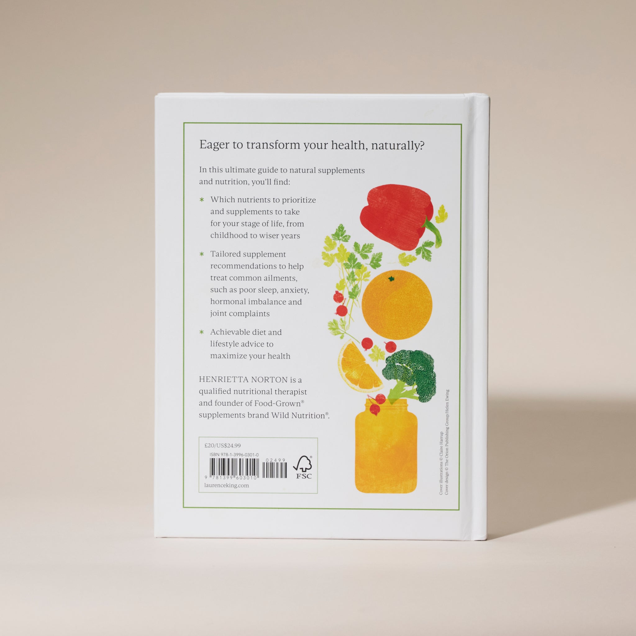 Back cover of The Natural Supplement & Nutrition Guide by Henrietta Norton with health tips and vibrant fruit and supplement illustrations