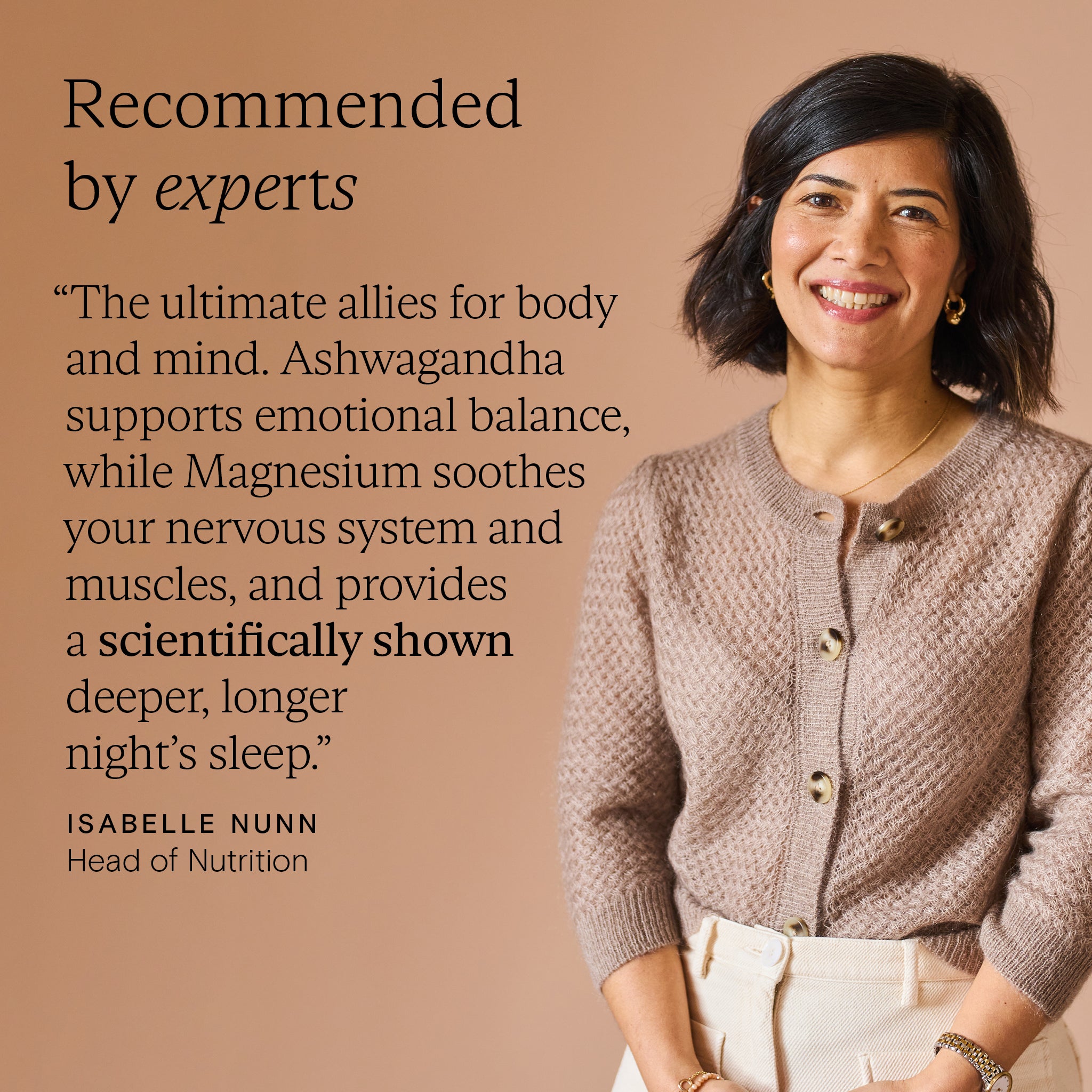 Woman endorsing Night Time Duo, highlighting benefits of Ashwagandha and Magnesium for better sleep and emotional balance.