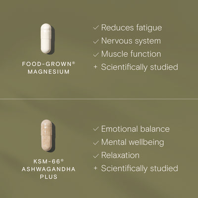 Food-Grown Magnesium and KSM-66 Ashwagandha capsules with benefits for relaxation and mental wellbeing.