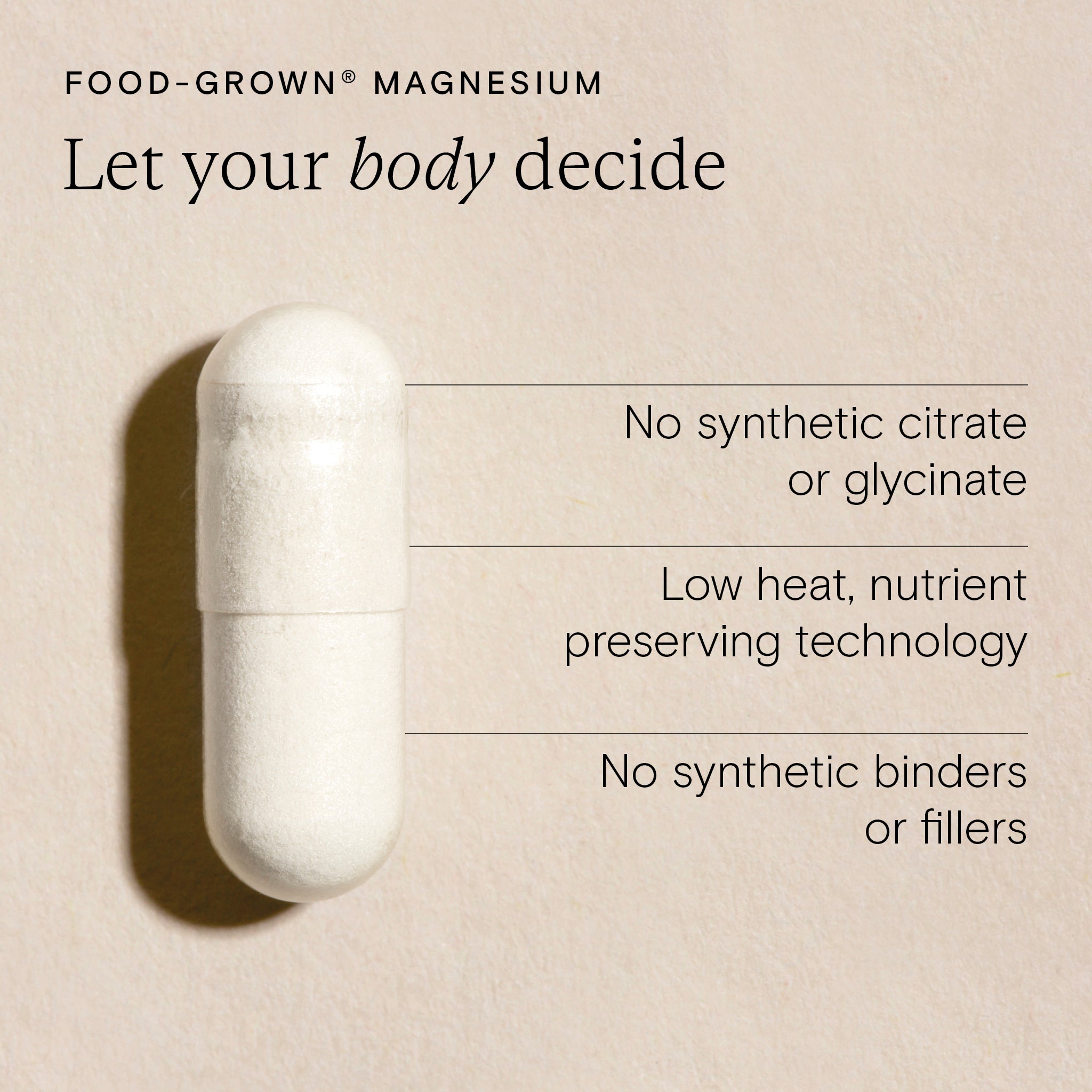 Food-Grown® Magnesium capsule with benefits highlighted, promoting relaxation and sleep support.