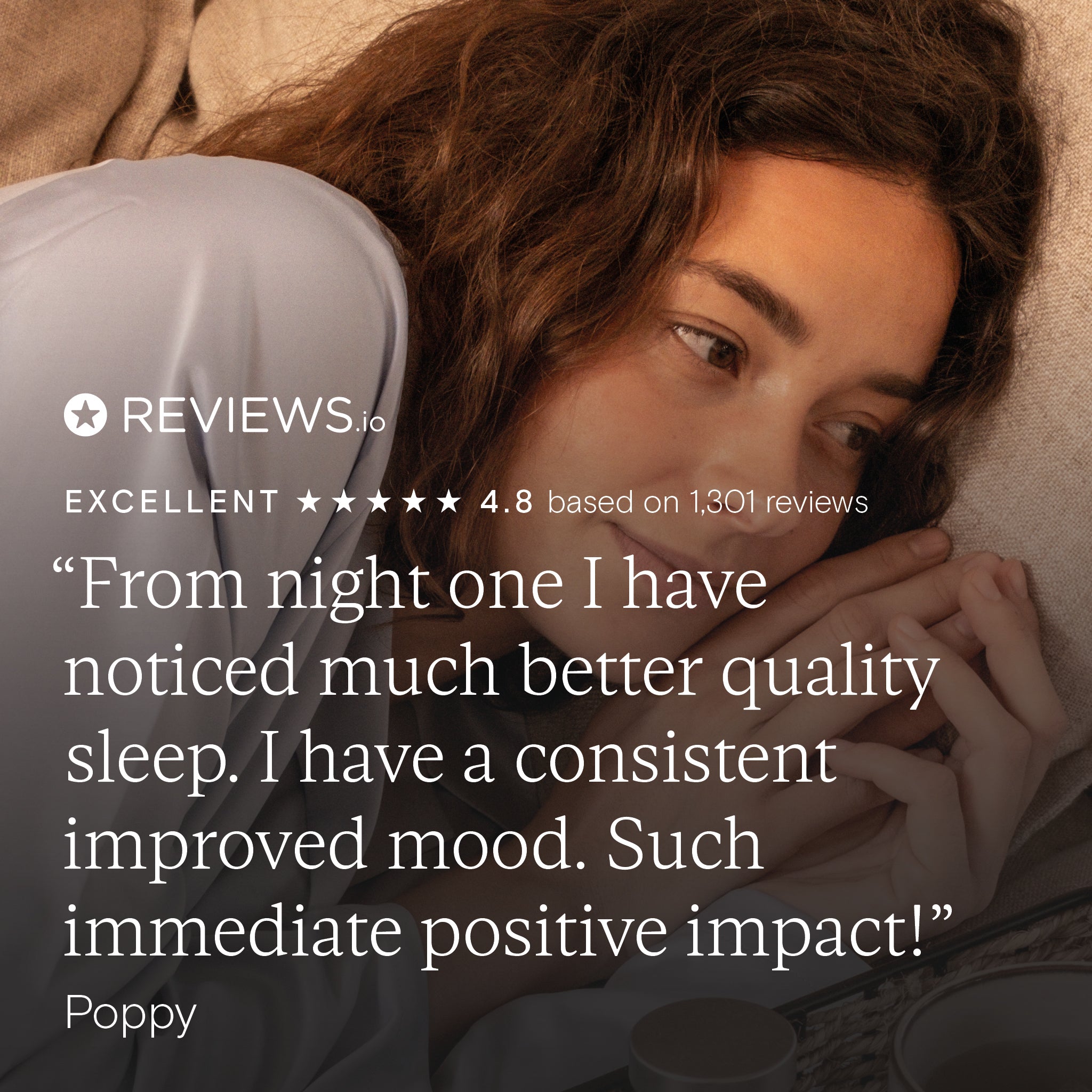 Customer testimonial for Night Time Duo, highlighting improved sleep quality and mood elevation.