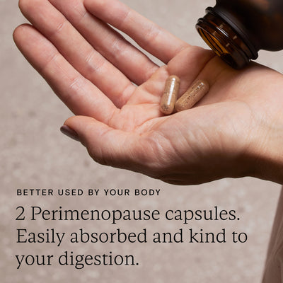 Two Food-Grown® Perimenopause capsules in a hand, promoting easy absorption and digestive comfort.