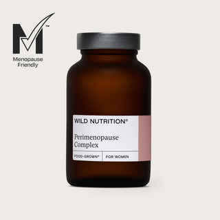 Wild Nutrition Food-Grown® Perimenopause Complex supplement for women's health, featuring key botanical ingredients.