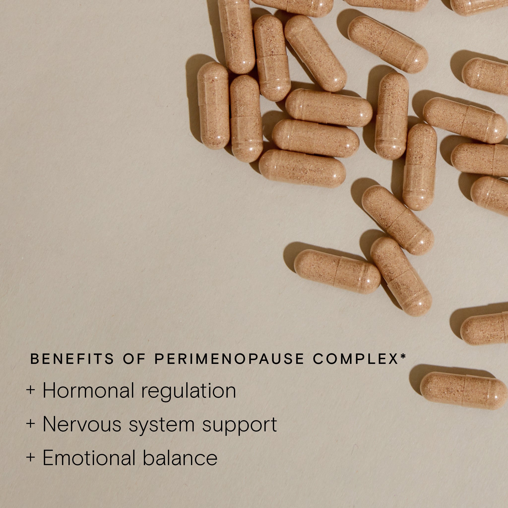 Food-Grown Perimenopause Complex capsules showcasing hormonal regulation, nervous system support, and emotional balance benefits.