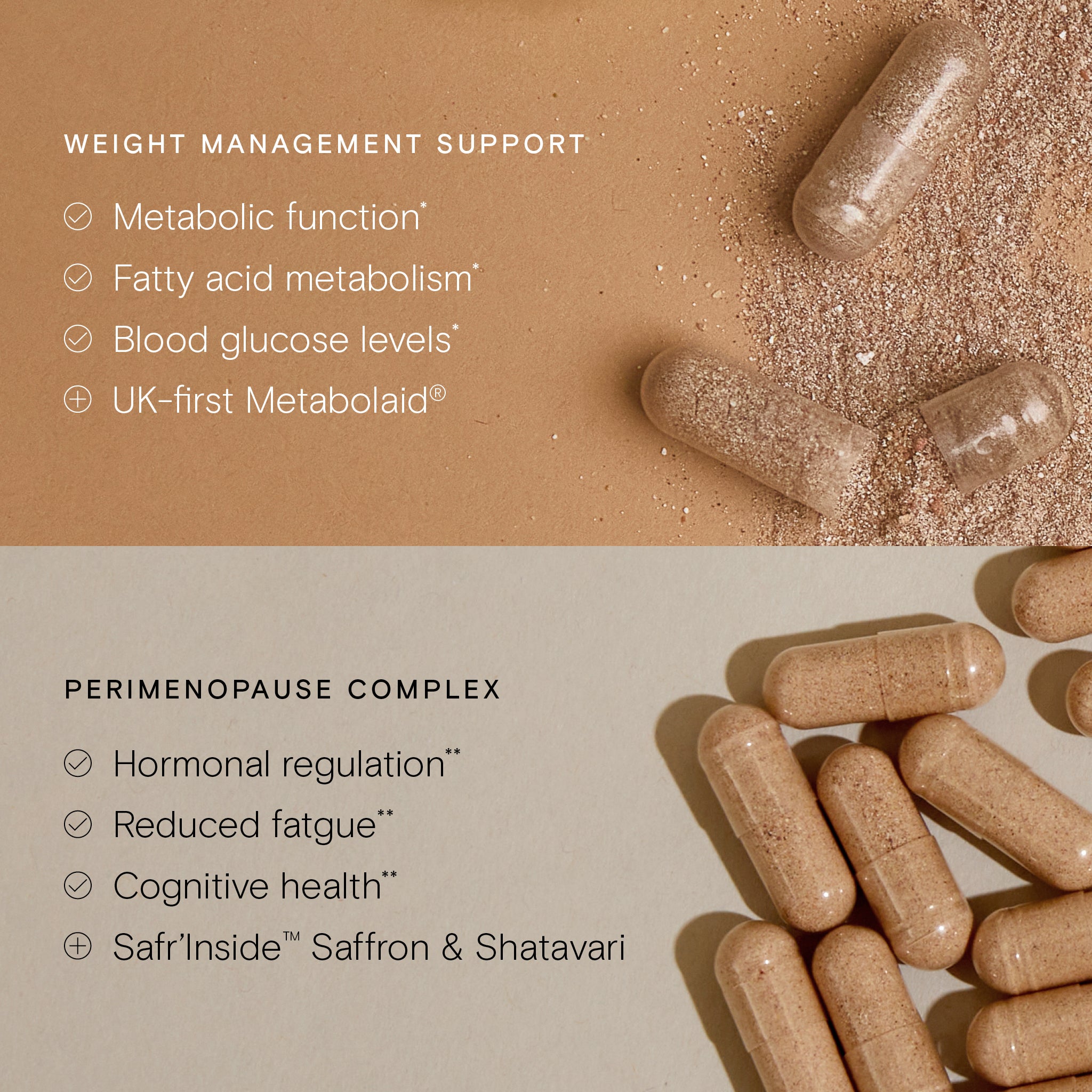 Brown capsules with text on weight management support and perimenopause complex on a beige background