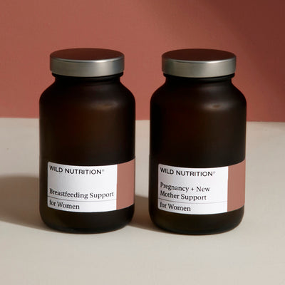 Wild Nutrition Breastfeeding Support and New Mother Support jars for women, designed for postpartum care.