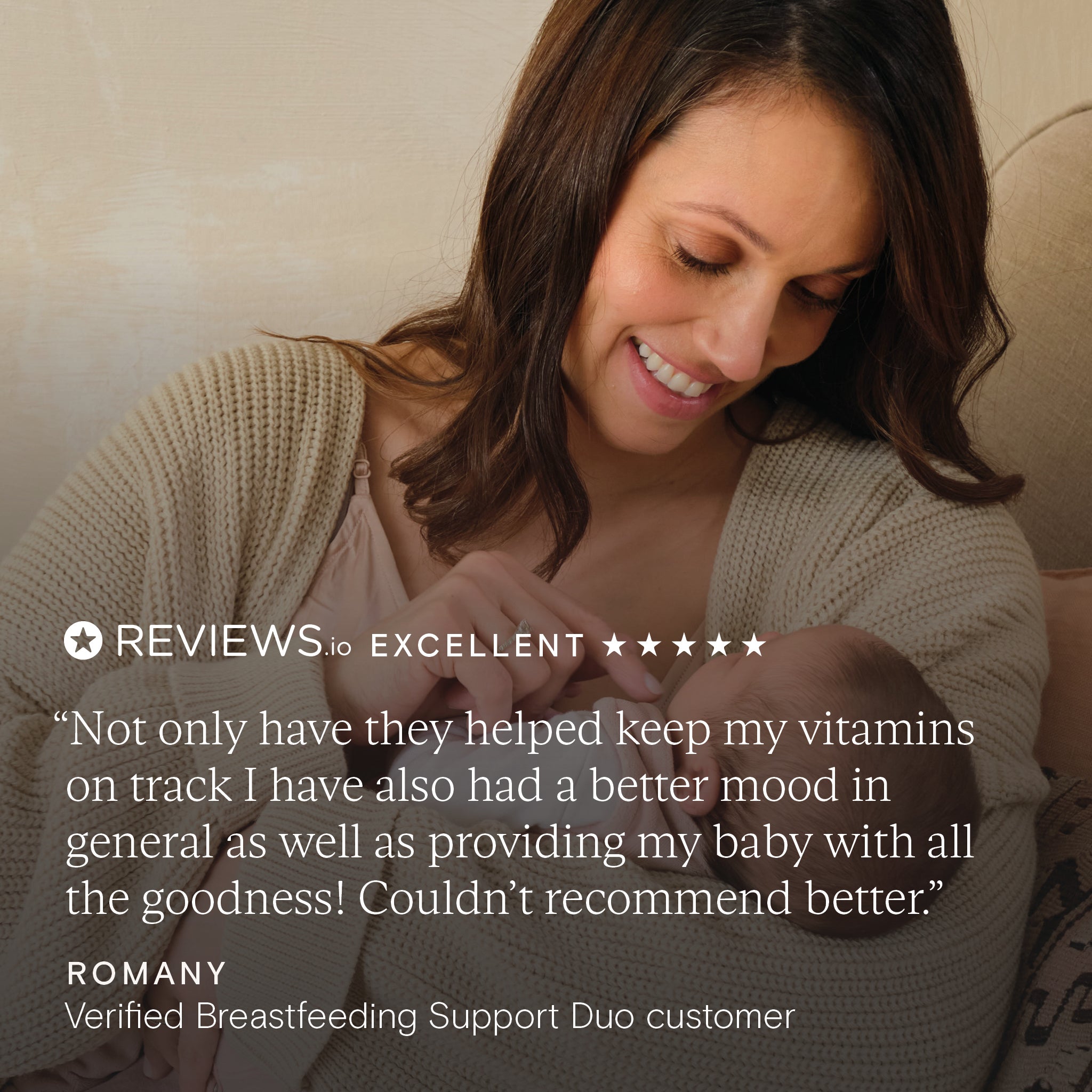 Happy mother breastfeeding while sharing a positive review of the Breastfeeding Support Duo supplements.