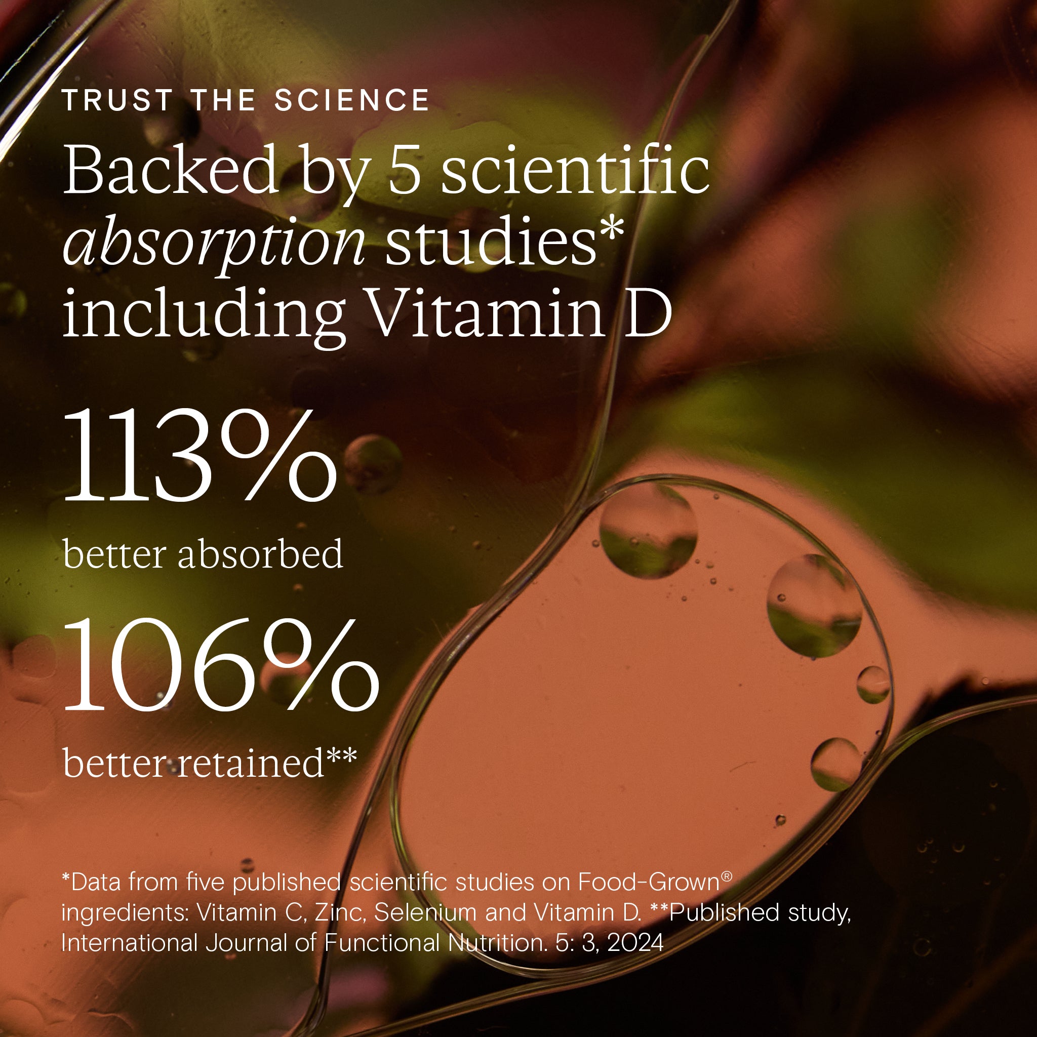 Wild Nutrition absorption study showing 113% better absorption and 106% retention for Food-Grown nutrients including Vitamin D