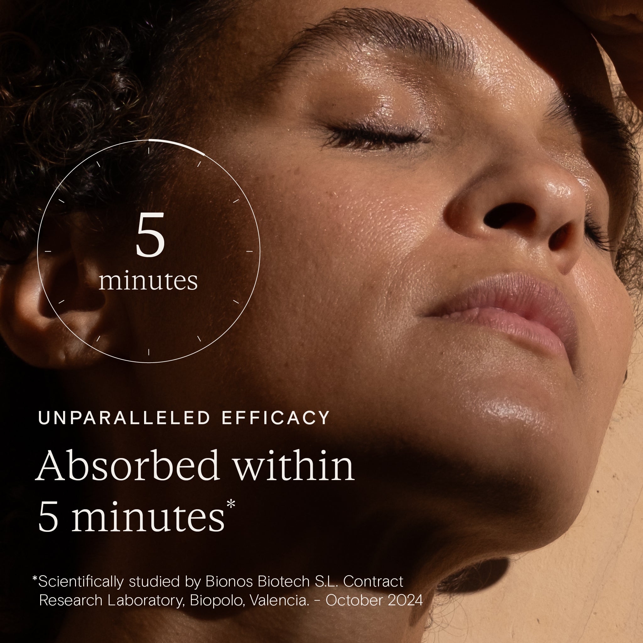 Close-up of a person demonstrating skincare absorption, highlighting unparalleled efficacy in just 5 minutes.