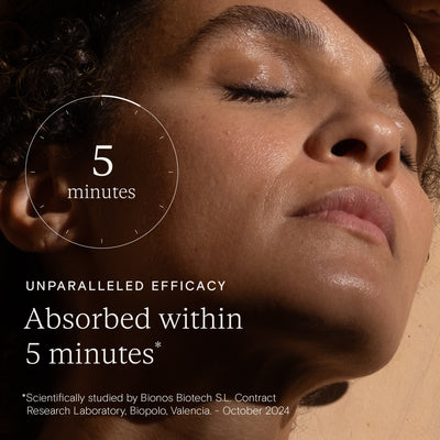 Close-up of a person demonstrating skincare absorption, highlighting unparalleled efficacy in just 5 minutes.