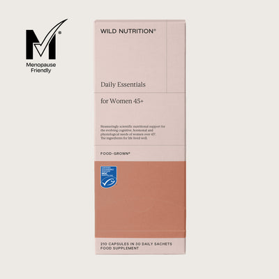 Wild Nutrition Daily Essentials for Women 45+ supplement box with Menopause Friendly and MSC Certified logos for cognitive, hormonal, and physiological support