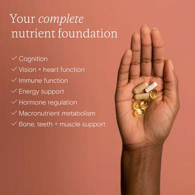 Hand holding daily supplement capsules for women over 45 with list of health benefits including cognition, immune function, hormone regulation, and bone support