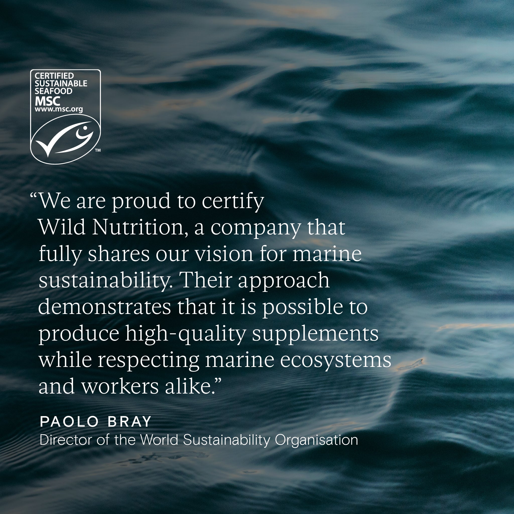 Marine Sustainability Council certification for Wild Nutrition with quote by Paolo Bray on ethical and eco-conscious supplement production