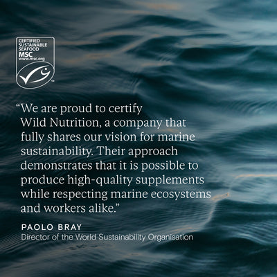 Marine Sustainability Council certification for Wild Nutrition with quote by Paolo Bray on ethical and eco-conscious supplement production