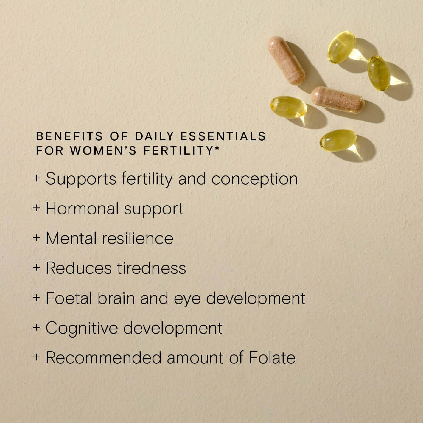 Image showcasing benefits of Daily Essentials for women's fertility with supplements for hormonal support and cognitive development.