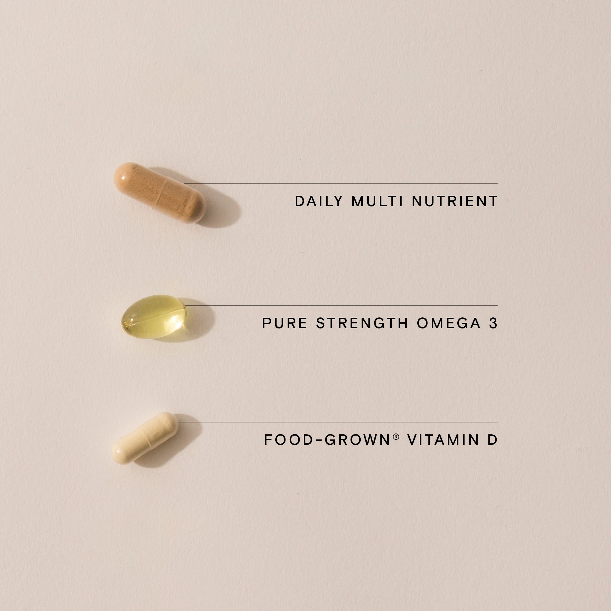 Close-up of Daily Multi Nutrient, Pure Strength Omega 3, and Food-Grown Vitamin D capsules from Wild Nutrition Daily Essentials for Women.