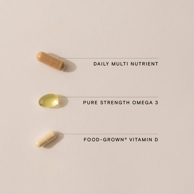 Close-up of Daily Multi Nutrient, Pure Strength Omega 3, and Food-Grown Vitamin D capsules from Wild Nutrition Daily Essentials for Women.