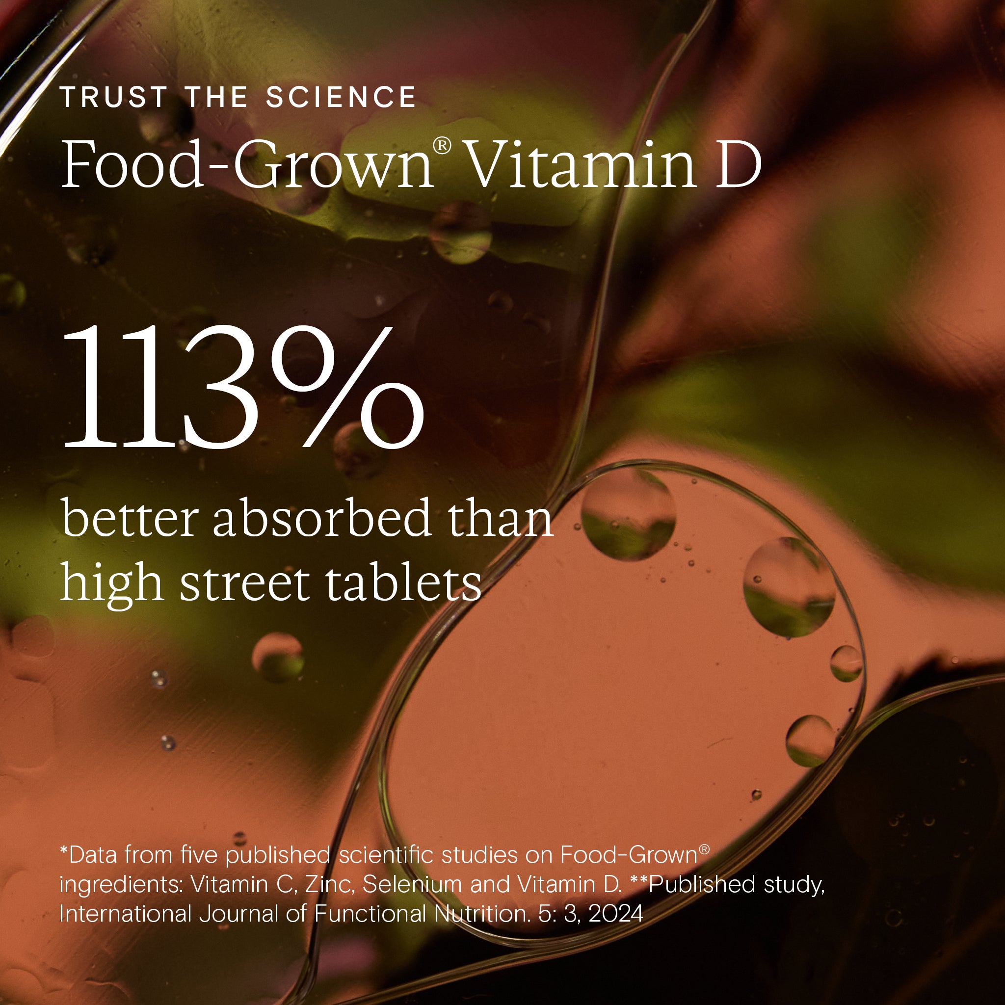 Liquid background highlighting Food-Grown Vitamin D from Wild Nutrition with 113% better absorption claim versus high street tablets.