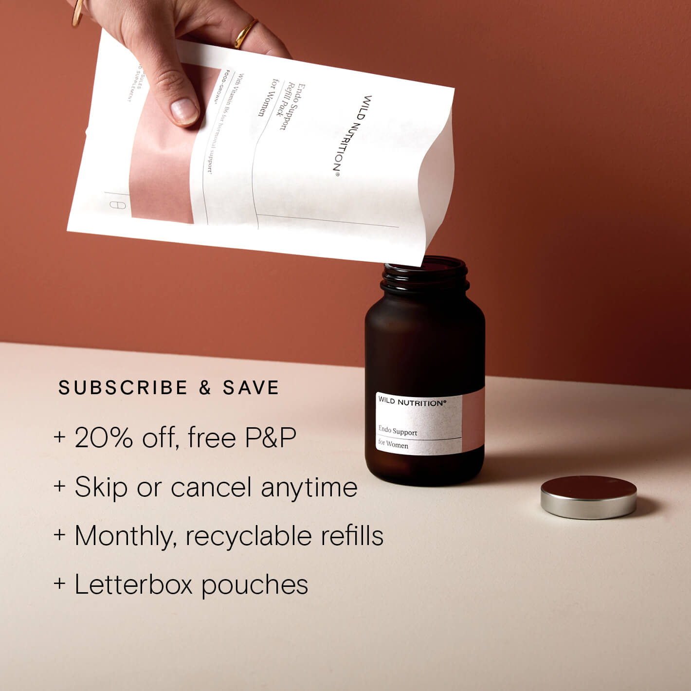 Endo Support Trio product with subscription details, promoting hormonal and immune support with eco-friendly packaging.