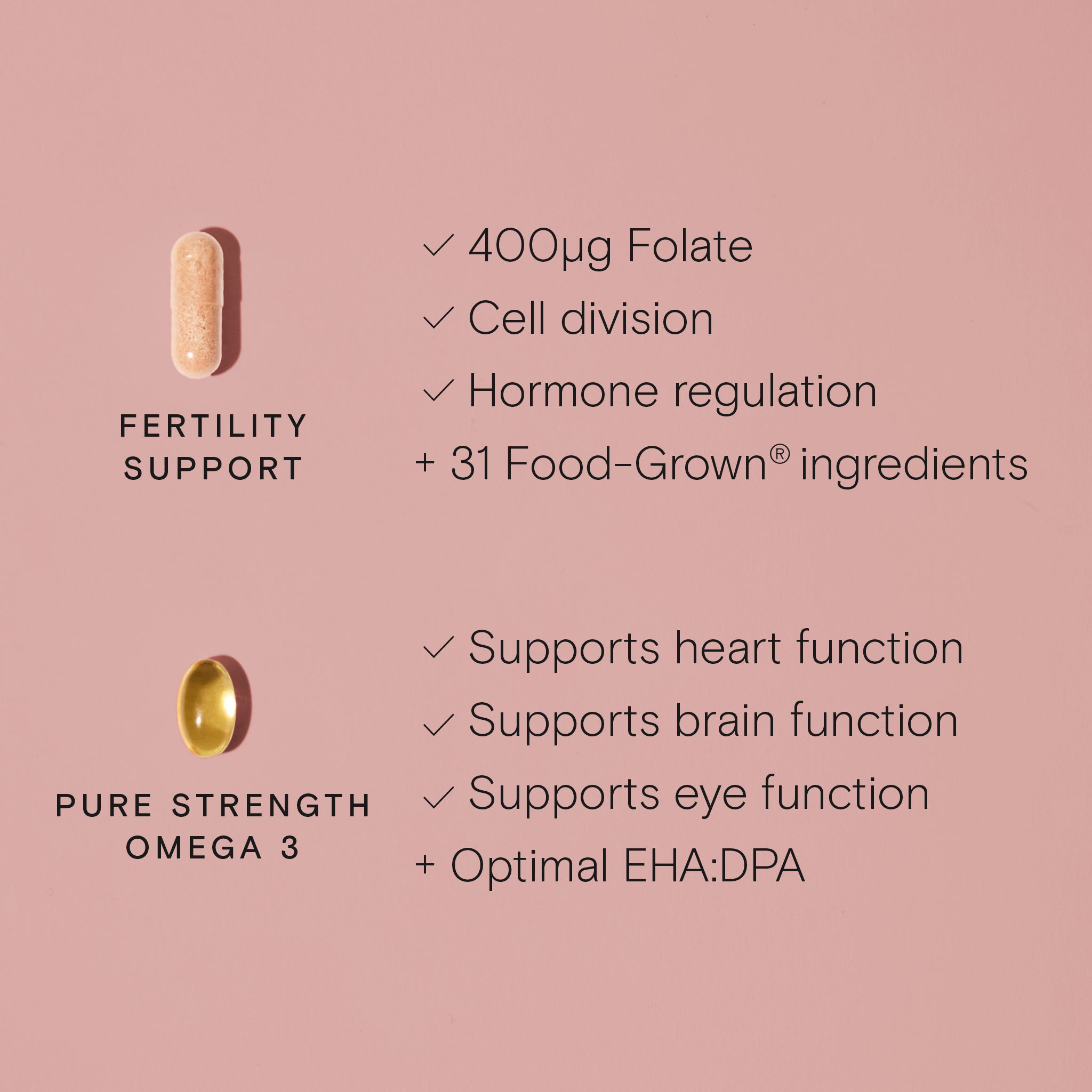 Image of Women's Fertility Duo: capsules for fertility support and omega 3 benefits including heart and brain health.