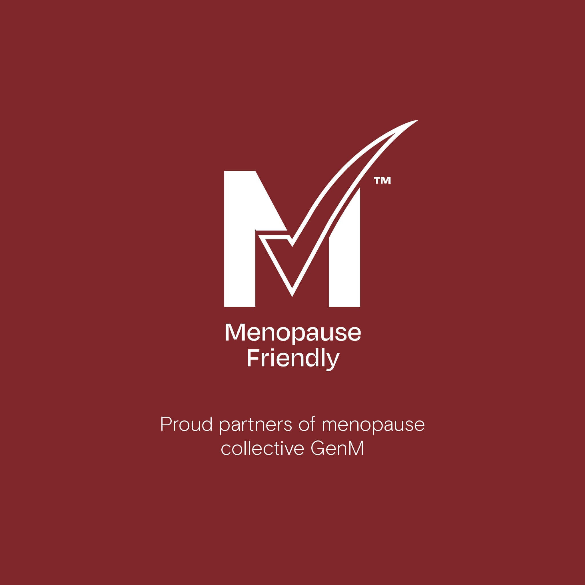 Menopause Friendly logo and GenM partnership text on red background, M-Tick certified