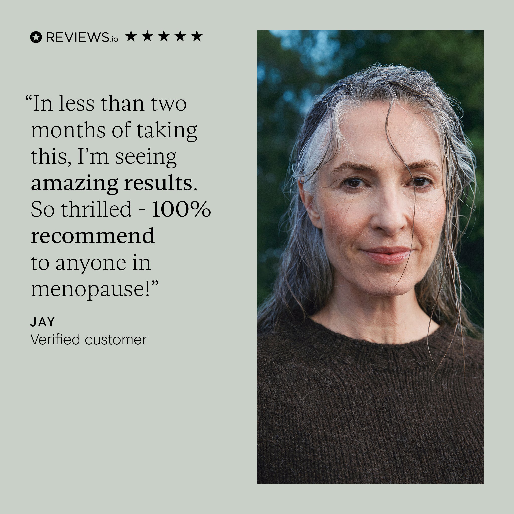 Woman with grey hair and dark sweater sharing menopause testimonial on light grey background