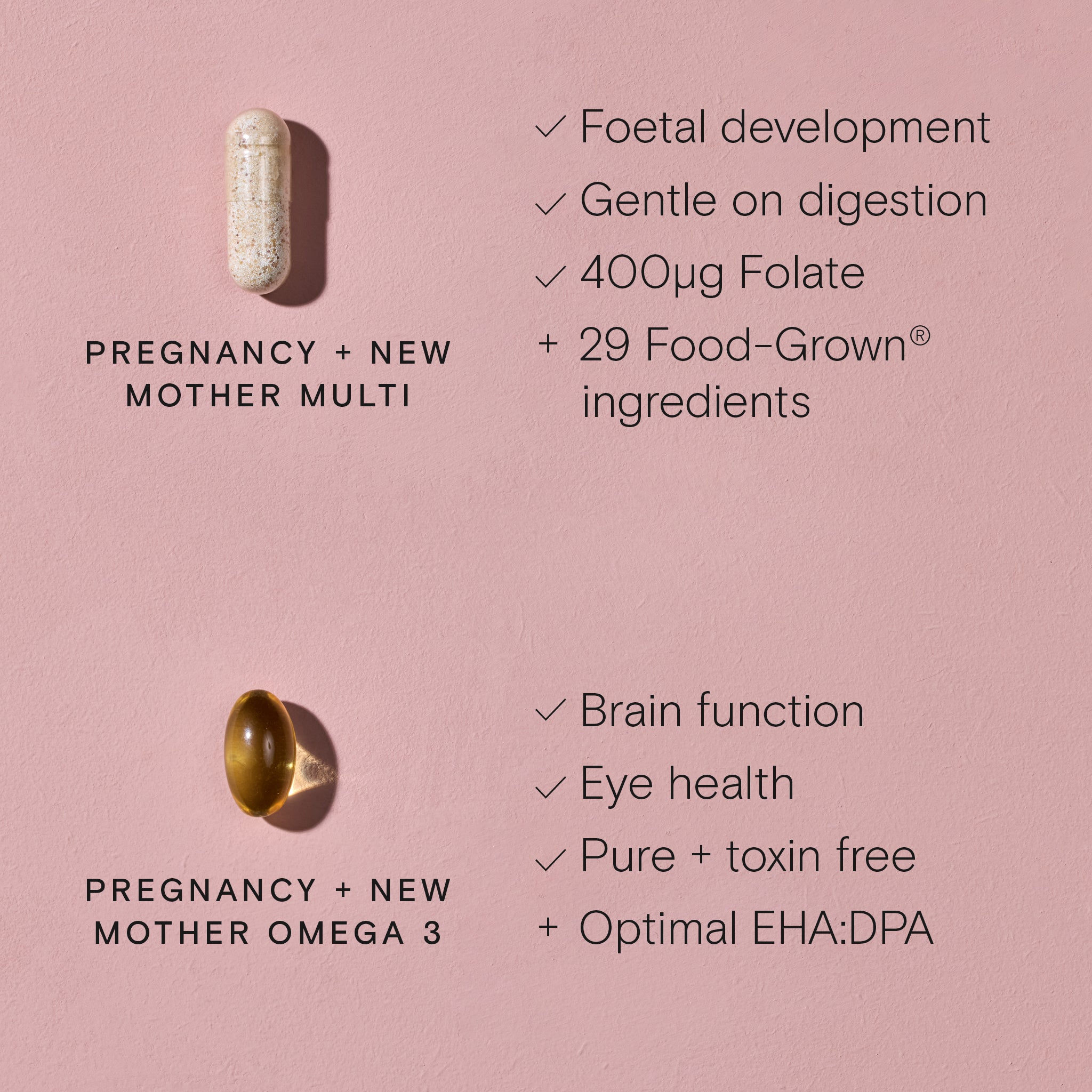 Image detailing Pregnancy + New Mother Duo supplements: essential multivitamins and Omega 3 for maternal and fetal health.