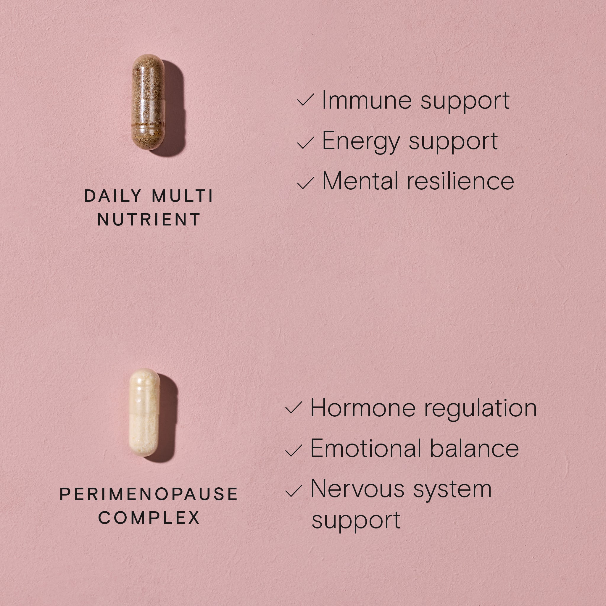 Wild Nutrition Daily Multi Nutrient and Perimenopause Complex capsules with benefits for immune support, energy, hormone balance, and emotional wellbeing