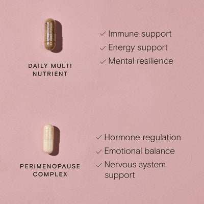 Wild Nutrition Daily Multi Nutrient and Perimenopause Complex capsules with benefits for immune support, energy, hormone balance, and emotional wellbeing