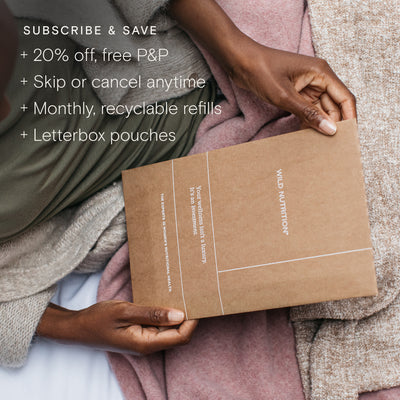 Wild Nutrition subscription offer showing recyclable letterbox pouch with benefits like 20% off, free delivery, and flexible monthly refills