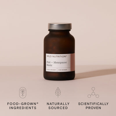 Food-Grown® Peri + Menopause Biotic from Wild Nutrition, featuring scientifically proven ingredients for women's health.