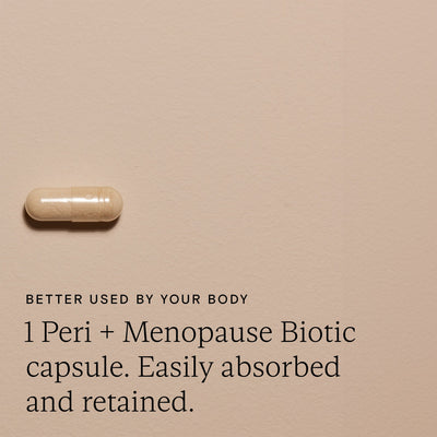 Food-Grown Peri + Menopause Biotic capsule for women's health, easily absorbed and retained.
