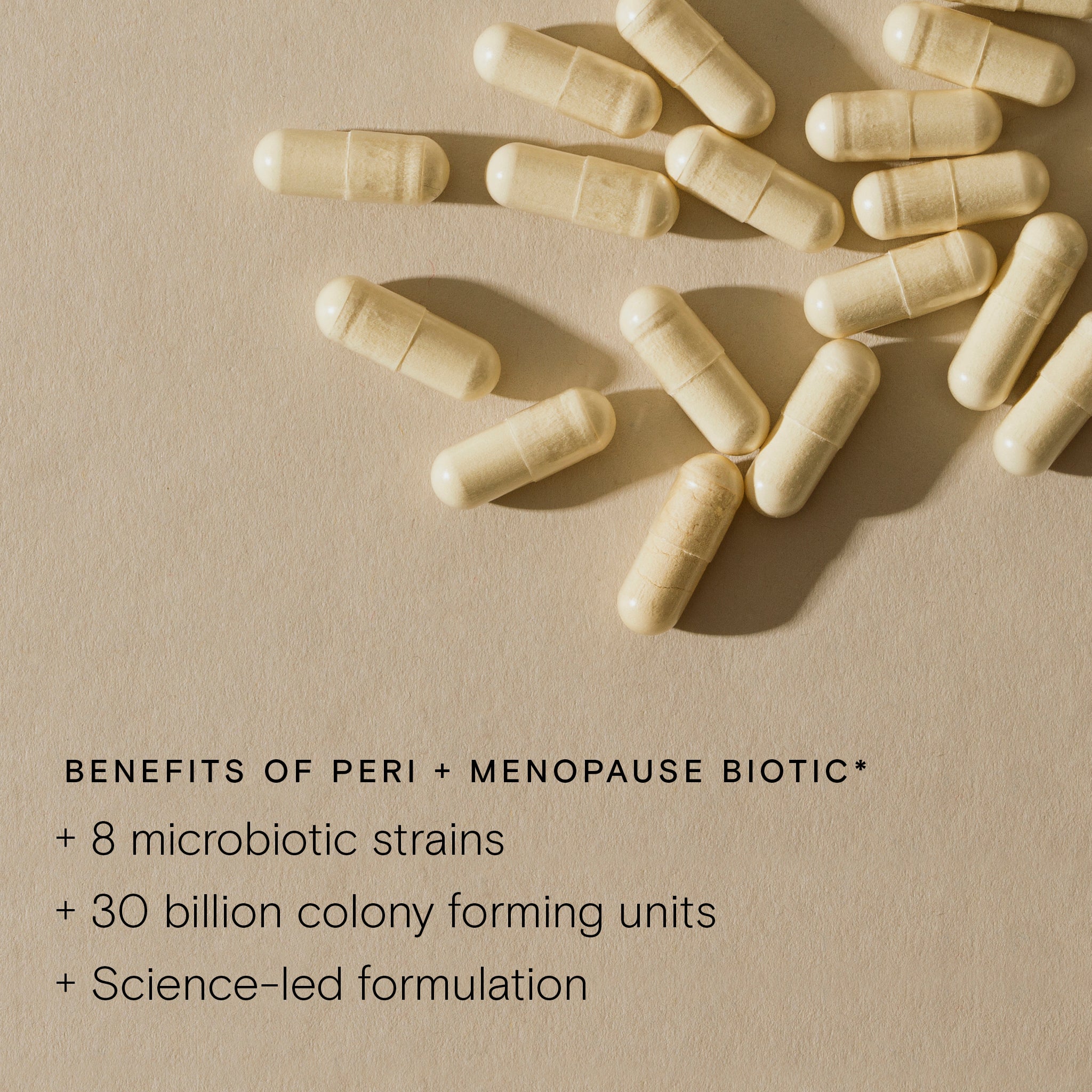 Food-Grown® Peri + Menopause Biotic capsules highlighting benefits of 8 strains and 30 billion CFUs.