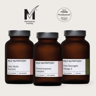 Perimenopause Support Trio from Wild Nutrition featuring Daily Multi, Perimenopause Complex, and Pure Strength Omega 3.