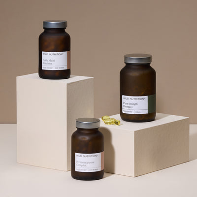 Perimenopause Support Trio products on display, including Daily Multi Nutrient, Omega 3, and Perimenopause Complex bottles.