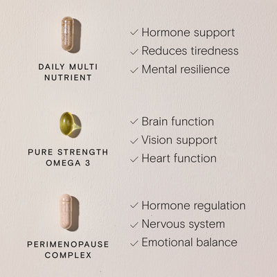 Perimenopause Support Trio: Daily Multi Nutrient, Pure Strength Omega 3, and Perimenopause Complex for hormone and emotional balance.