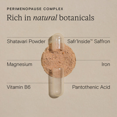 Perimenopause Support Trio ingredients list, highlighting natural botanicals like Shatavari, saffron, magnesium, and iron.
