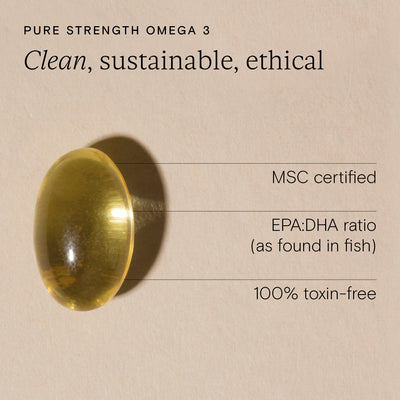 Close-up of a clean, sustainable, and ethical omega 3 capsule highlighting its MSC certification and toxin-free attributes.