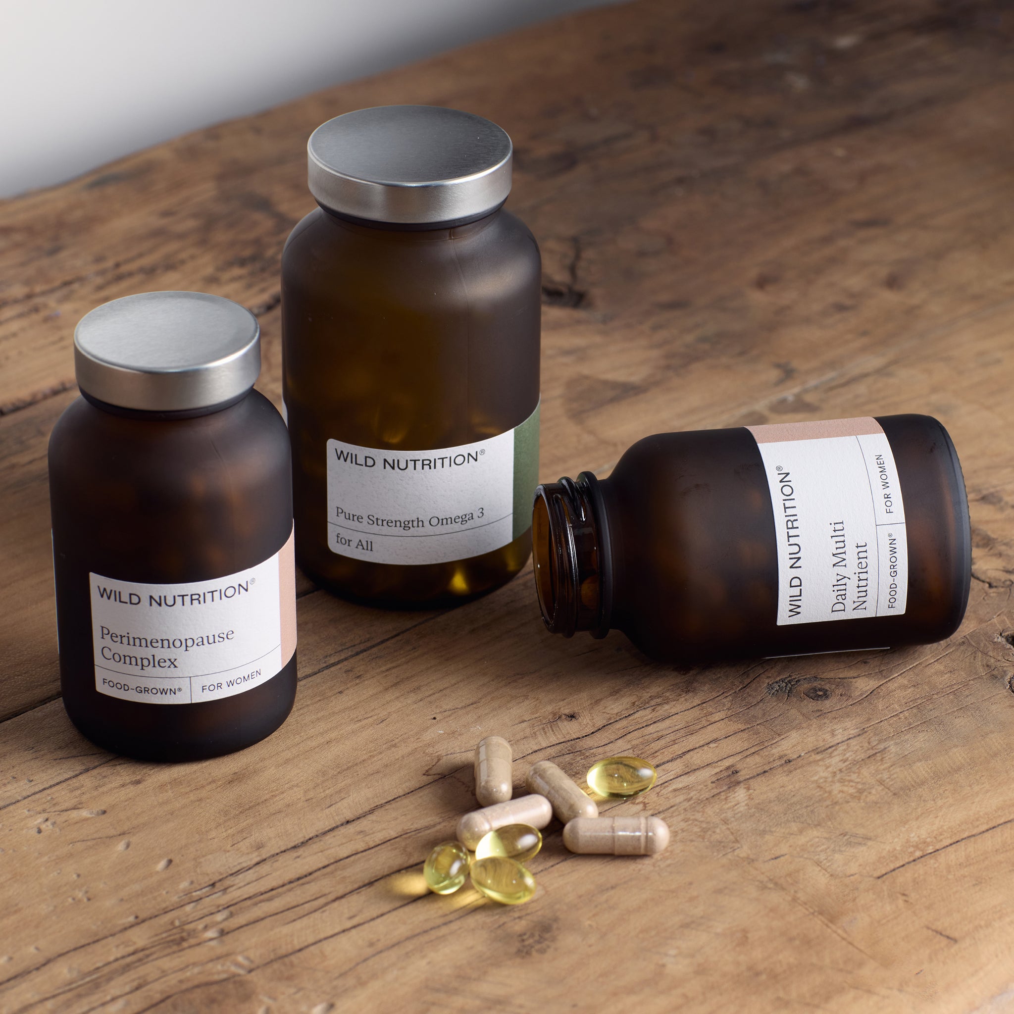 Perimenopause Support Trio by Wild Nutrition, featuring supplements for hormonal balance and emotional well-being.