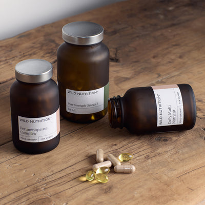 Perimenopause Support Trio by Wild Nutrition, featuring supplements for hormonal balance and emotional well-being.