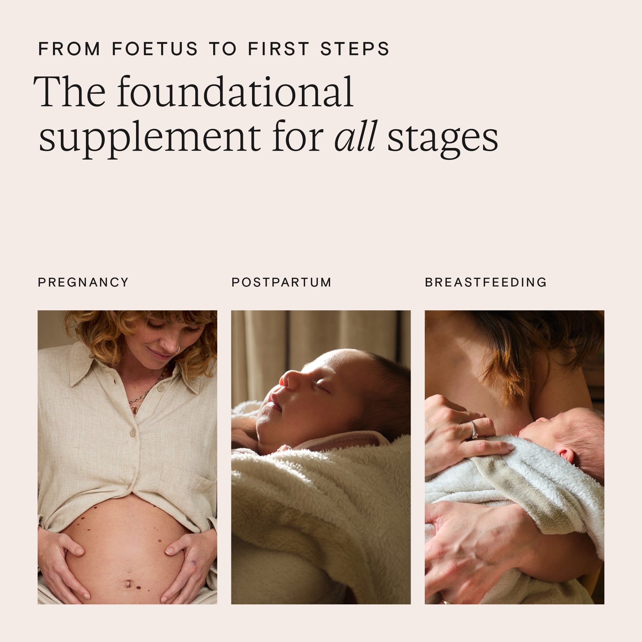 Foundational supplement for pregnancy, postpartum, and breastfeeding stages, featuring mother and baby images.