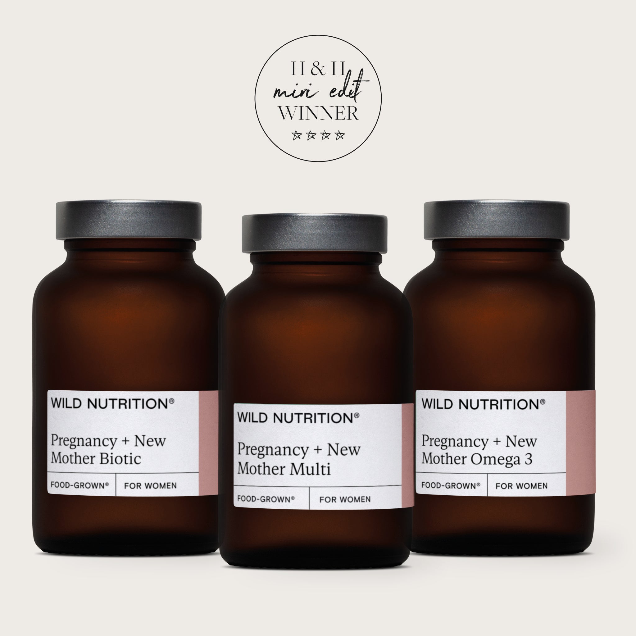 Wild Nutrition Pregnancy + New Mother Support Trio: Biotic, Multi, and Omega 3 vitamins for mothers.