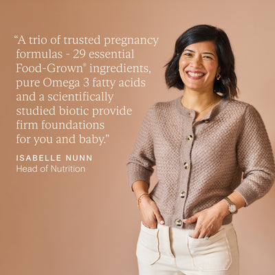 Pregnancy support trio featuring 29 Food-Grown ingredients, Omega 3, and biotic for mother and baby health.