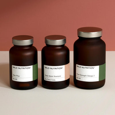 Wellness trio for teens, including Zinc Plus, Daily Multi Nutrient, and Omega 3 from Wild Nutrition.