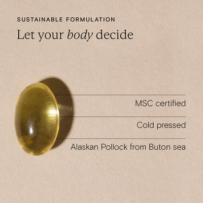 Sustainable formulation of MSC certified cold-pressed supplement from Alaskan Pollock, highlighting nutrient-rich benefits.