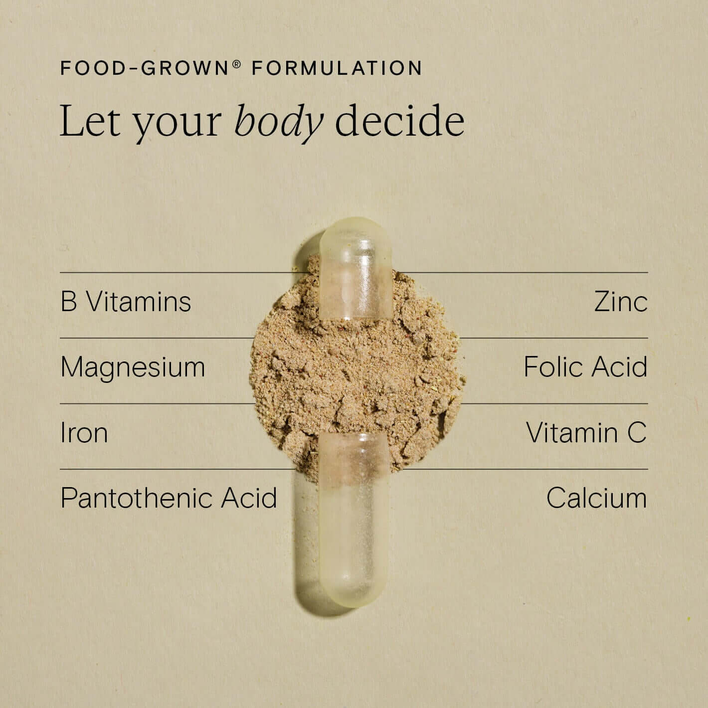 Food-Grown® Energy Support ingredients chart featuring vitamins and minerals for optimal energy and health.